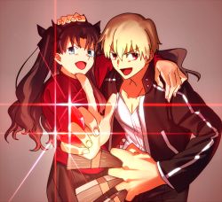 Rule 34 | 1boy, 1girl, between fingers, black hair, blonde hair, blue eyes, chietori, fate/stay night, fate (series), gem, gilgamesh (fate), hand on another&#039;s head, holding, money, official alternate costume, red eyes, tohsaka rin, two side up