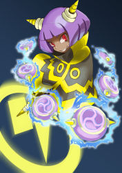 Rule 34 | 1girl, 2016, android, blue background, bob cut, cape, dark-skinned female, dark skin, dynatron (mighty no. 9), electricity, horns, io naomichi, looking at viewer, mighty no. 9, purple hair, red eyes, sharp teeth, short hair, smile, solo, teeth