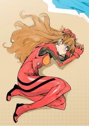 Rule 34 | 1girl, ass, blue eyes, bodysuit, breasts, brown hair, fetal position, full body, hair between eyes, headgear, long hair, looking at viewer, looking to the side, lying, medium breasts, neon genesis evangelion, on back, plugsuit, red bodysuit, sakula, shiny clothes, simple background, skin tight, solo, souryuu asuka langley, tsundere, very long hair, wide hips