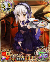 Rule 34 | 1girl, breasts, cake, cake slice, card (medium), chair, chess piece, collarbone, cup, demon girl, demon wings, detached sleeves, dress, food, hair between eyes, high school dxd, high school dxd pi, holding, holding tray, indoors, looking at viewer, official art, rook (chess), see-through, small breasts, solo, standing, table, tea, teacup, toujou koneko, tray, white hair, wings, yellow eyes