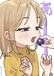 Rule 34 | 1girl, blue eyes, blush, bouen, brown hair, commentary request, dated, fang, feeding, food, fruit, grapes, half-closed eyes, hands up, highres, holding, holding food, holding fruit, long eyelashes, long hair, looking at food, open mouth, original, out of frame, ribbed sweater, solo focus, sweatdrop, sweater, turtleneck, turtleneck sweater, upper body, yellow sweater