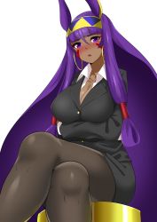 Rule 34 | 1girl, alternate costume, black pantyhose, blush, breast hold, breasts, cleavage, contemporary, crossed legs, dark-skinned female, dark skin, earrings, egyptian, eyebrows, facial mark, fate/grand order, fate (series), formal, hairband, highres, hitotsuki nebura, hoop earrings, jewelry, large breasts, long hair, looking at viewer, nitocris (fate), nose blush, pantyhose, parted lips, pencil skirt, purple eyes, purple hair, sitting, skirt, skirt suit, solo, suit, very long hair, white background