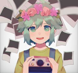 Rule 34 | 1boy, antenna hair, aqua eyes, aqua hair, basil (headspace) (omori), basil (omori), blue overalls, bright pupils, camera, double-parted bangs, green shirt, head wreath, holding, holding camera, looking at viewer, nekonabe, omori, overalls, photo (object), shirt, short hair, smile, solo, teeth, upper teeth only, white background, white pupils