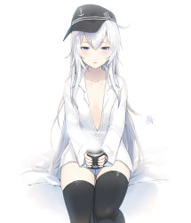 Rule 34 | 1girl, anchor print, artist name, black thighhighs, blue eyes, blush, cup, dress shirt, flat cap, half-closed eyes, hat, hibiki (kancolle), highres, holding, holding cup, kantai collection, legs together, looking at viewer, meth (emethmeth), mug, no bra, parted lips, shirt, sidelocks, signature, silver hair, sitting, solo, thighhighs, tsurime