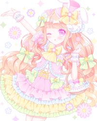 Rule 34 | 1girl, ;o, animal ears, arm up, blue flower, blush, bow, brown hair, commentary request, dress, easter, easter egg, egg, fake animal ears, flower, frilled dress, frilled shirt, frills, green bow, hair bow, hair flower, hair ornament, hand up, hat, highres, himetsuki luna, long hair, mini hat, mini top hat, one eye closed, original, parted lips, purple dress, purple eyes, purple flower, purple hat, purple shirt, rabbit-shaped pupils, rabbit ears, shirt, solo, sparkle, symbol-shaped pupils, tilted headwear, top hat, very long hair, white background, wrist cuffs, yellow bow