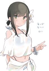 Rule 34 | 1girl, absurdres, alternate costume, bikini, bikini under clothes, black hair, blush, closed mouth, collarbone, flower, fubuki (kancolle), green eyes, hair flower, hair ornament, highres, kantai collection, looking at viewer, ma rukan, navel, sarong, short hair, short ponytail, signature, simple background, smile, solo, swimsuit, upper body, white background, white flower, white sarong