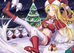 Rule 34 | 10s, 1girl, blonde hair, boots, breasts, capelet, cherry, christmas, christmas ornaments, christmas tree, cleavage, food, fruit, gift, green eyes, grenda-san, hat, highres, huanghyy, midriff, navel, one eye closed, red footwear, robot girls z, sack, santa boots, santa costume, santa hat, short shorts, shorts, smile, solo, thighhighs, white thighhighs, wink