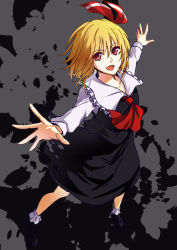 Rule 34 | 1girl, :d, ascot, bad id, bad nicoseiga id, blonde hair, cibo (killy), darkness, hair ribbon, highres, long sleeves, looking at viewer, mary janes, open mouth, outstretched arms, red eyes, red ribbon, ribbon, rumia, shoes, short hair, smile, solo, touhou, wing collar