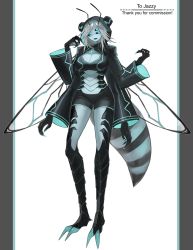 Rule 34 | 1girl, antennae, arthropod girl, black sclera, blue eyes, breasts, cleavage, cleavage cutout, clothing cutout, colored sclera, colored skin, commission, extra eyes, fingernails, grey hair, grey skin, hands up, highres, hood, hood up, insect wings, large breasts, long sleeves, looking at viewer, monster girl, original, ruteko (ruko220), sharp fingernails, shrug (clothing), simple background, skeb commission, smile, tail, white background, wings