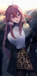 Rule 34 | 1girl, :d, absurdres, ahoge, animal print, black jacket, black pantyhose, blurry, blurry background, blush, breasts, breath, cold, cowboy shot, fujiyama ichiha, hair between eyes, hair intakes, hands in pockets, highres, huge breasts, jacket, jewelry, leopard print, long hair, looking afar, necklace, open mouth, original, pantyhose, print skirt, red eyes, red hair, skirt, smile, striped clothes, striped sweater, sweater, very long hair