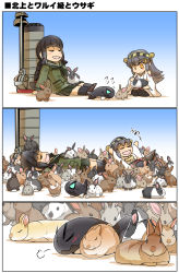 Rule 34 | 2girls, abyssal ship, animal, animal on head, animal on lap, black hair, blunt bangs, blush, braid, chibi, closed eyes, comic, commentary request, crowd, detached sleeves, flying sweatdrops, grey hair, hair ornament, hairclip, haruna (kancolle), headgear, highres, hisahiko, i-class destroyer, kantai collection, kitakami (kancolle), long hair, long sleeves, lying, multiple girls, neckerchief, nontraditional miko, on back, on head, on lap, open mouth, orange eyes, pleated skirt, rabbit, rigging, scar, scar across eye, scar on face, school uniform, seiza, serafuku, sidelocks, sitting, skirt, sleeping, smile, star-shaped pupils, star (symbol), symbol-shaped pupils, thighhighs, too many, too many rabbits, translation request, wide sleeves