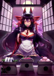 Rule 34 | 1girl, animal ears, artist logo, artist name, bad id, bad pixiv id, black gloves, black hair, black thighhighs, blush, breasts, cherry blossoms, cleavage, commentary, commission, dango, dumpling, eating, english commentary, eyebrows, food, fox ears, fox tail, frills, full moon, gainoob, gloves, hair ornament, holding, holding food, japanese clothes, kimono, kitsune, large breasts, long hair, looking at viewer, maid headdress, mochi, moon, mouth hold, multicolored clothes, multicolored kimono, night, onigiri, original, petals, purple sky, red eyes, sitting, skewer, sky, sliding doors, solo, tagme, tail, temple, temple gate, thighhighs, tree, very long hair, wagashi, wooden floor