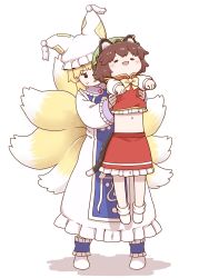 Rule 34 | 2girls, animal ears, blush stickers, brown hair, cat ears, cat tail, chen, chibi, commentary, dress, ear piercing, fox tail, full body, green headwear, hat, highres, holding person, kitsune, long sleeves, longcat (meme), meme, mob cap, multiple girls, multiple tails, navel, open mouth, outstretched arms, piercing, poronegi, red shirt, red skirt, shirt, simple background, skirt, standing, sweatdrop, tabard, tail, touhou, white background, white dress, white footwear, white headwear, yakumo ran