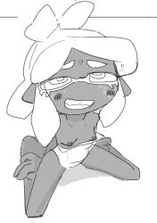 Rule 34 | 1girl, barefoot, blush, blush stickers, breasts, clothes pull, collarbone, dark-skinned female, dark skin, domino mask, fangs, female focus, freckles, from above, full body, greyscale, grin, half-closed eyes, happy, inkling, inkling girl, inkling player character, kneeling, long hair, looking up, mask, monochrome, nintendo, nipples, one-piece swimsuit, one-piece swimsuit pull, parted bangs, pointy ears, sidelocks, simple background, sketch, small breasts, smile, solo, sp (sweet potato), splatoon (series), spread legs, swimsuit, teeth, tentacle hair, tentacles, white background