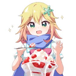 Rule 34 | 1girl, blonde hair, blue scarf, commission, food, fruit, gabriel dropout, green eyes, hair between eyes, hair ornament, haru (konomi 150), holding, holding spoon, open mouth, parfait, pixiv commission, scarf, short hair, short sleeves, simple background, smile, solo, sparkle, spoon, strawberry, strawberry parfait, tapris chisaki sugarbell, white background