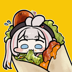 Rule 34 | 1girl, blue eyes, blunt bangs, blush, burrito, character request, cheese, chibi, commentary request, copyright request, eating, food, food focus, food in mouth, hair ornament, hot dog, jazz jack, lettuce, long hair, lowres, mole, mole under eye, pink hair, solo, virtual youtuber