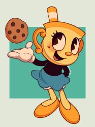 Rule 34 | 1girl, black shirt, blue skirt, cookie, cuphead (game), food, full body, gloves, highres, ms. chalice, nagemzcat, open mouth, orange footwear, shirt, shoes, simple background, skirt, solo, white gloves