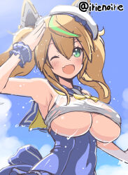 Rule 34 | 1girl, armpits, bare shoulders, blonde hair, blue sailor collar, blush, breasts, casual one-piece swimsuit, cloud, fang, gene (pso2), green eyes, green hair, hat, irie keisuke (handn), large breasts, linea alba, looking at viewer, multicolored hair, one-piece swimsuit, one eye closed, open mouth, phantasy star, phantasy star online 2, sailor collar, sailor one-piece swimsuit, scrunchie, skin fang, sky, smile, solo, streaked hair, swimsuit, twintails, twitter username, underboob, wet, white hat, wrist scrunchie