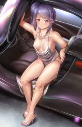 1girl alternate_costume artist_logo azur_lane backless_dress backless_outfit bare_arms breasts breasts_apart car collarbone commentary_request cosplay dress feet finalcake hair_ornament high_heels highres jewelry jill_stingray looking_at_viewer motor_vehicle nail_polish necklace no_bra no_panties parted_lips purple_hair purple_nails red_eyes revealing_clothes revision sandals shiny_footwear side_ponytail sidelocks silver_dress silver_footwear small_breasts solo st._louis_(azur_lane) st._louis_(azur_lane)_(cosplay) st._louis_(luxurious_wheels)_(azur_lane) strappy_heels thighs toeless_footwear toenail_polish toenails toes va-11_hall-a