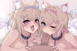 Rule 34 | 1boy, 2girls, animal ear fluff, animal ears, blonde hair, blue eyes, blue hair, blush, breasts, chain, collar, commentary, completely nude, cum, cum in mouth, cum on tongue, dog ears, dog girl, dog tail, erection, fellatio, ffm threesome, fuwawa abyssgard, group sex, hair ornament, hairband, hairclip, hetero, hololive, hololive english, kakure eria, long hair, looking at viewer, male pubic hair, medium breasts, mococo abyssgard, multicolored hair, multiple girls, nude, one eye closed, open mouth, oral, penis, pink hair, pov, pubic hair, purple eyes, short hair, siblings, sisters, streaked hair, sweat, tail, threesome, twins, uncensored, virtual youtuber, x hair ornament