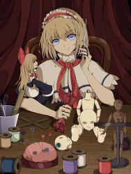 Rule 34 | 1girl, absurdres, alice margatroid, blonde hair, blue eyes, capelet, chair, doll, doll joints, dress, female focus, hairband, highres, joints, pandako, pincushion, ribbon, scissors, shanghai doll, sitting, smile, touhou