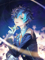 Rule 34 | 1boy, absurdres, astel leda, blonde hair, blue hair, blue jacket, gloves, green eyes, hair between eyes, highres, holding, holding star, holostars, jacket, light blush, looking at viewer, luma8b, male focus, messy hair, multicolored hair, necktie, night, night sky, open mouth, red necktie, short hair, sky, smile, solo, star (sky), star (symbol), starry sky, streaked hair, two-tone hair, upper body, virtual youtuber, white gloves