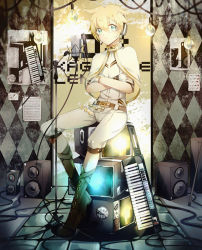 Rule 34 | 1boy, bananaxcs7, blonde hair, blue eyes, boots, capelet, character name, gloves, headphones, instrument, kagamine len, keyboard (instrument), leaning back, light bulb, male focus, microphone, microphone stand, photo (object), pout, project diva (series), sheet music, sitting, sketch, solo, speaker, television, text background, text focus, tile floor, tiles, vocaloid, wire