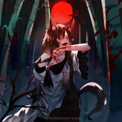 Rule 34 | 1girl, :d, animal ear fluff, animal ears, bamboo, bare shoulders, blood, blood on arm, branch, breasts, brooch, brown hair, cleavage, commission, cowboy shot, full moon, highres, imaizumi kagerou, jewelry, large breasts, licking, long hair, looking at viewer, moon, naufaldreamer, night, night sky, off shoulder, open mouth, red eyes, red moon, red skirt, shirt, skirt, sky, smile, solo, standing, tail, touhou, white shirt, wolf ears, wolf tail