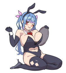 Rule 34 | 1girl, animal ears, black gloves, black leotard, black thighhighs, blue hair, bow, bowtie, breasts, detached collar, elbow gloves, fake animal ears, gloves, high heels, i-19 (kancolle), kantai collection, large breasts, leotard, long hair, looking at viewer, one eye closed, playboy bunny, rabbit ears, rabbit tail, red eyes, satsuki neko, simple background, solo, star-shaped pupils, star (symbol), strapless, strapless leotard, symbol-shaped pupils, tail, thighhighs, tongue, tongue out, tray, twintails, white background