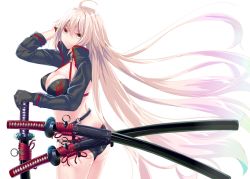 Rule 34 | 1girl, ahoge, bikini, black bikini, black gloves, commentary request, fate/grand order, fate (series), gloves, jeanne d&#039;arc alter (swimsuit berserker) (fate), jeanne d&#039;arc (fate), jeanne d&#039;arc alter (fate), jeanne d&#039;arc alter (swimsuit berserker) (fate), katana, long hair, looking at viewer, scabbard, sheath, sheathed, shrug (clothing), silver hair, simple background, single glove, solo, swimsuit, sword, tetranono, very long hair, weapon, white background, yellow eyes