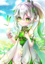 Rule 34 | 1girl, absurdres, blue sky, blurry, bracelet, cape, cloud, cloudy sky, commentary request, crystalfly (genshin impact), depth of field, detached sleeves, dress, field, flower, flower field, genshin impact, gradient hair, green eyes, hair between eyes, hair ornament, highres, jewelry, long hair, multicolored hair, nahida (genshin impact), parted lips, pointy ears, raramente, short sleeves, side ponytail, sidelocks, sky, solo, symbol-shaped pupils, white dress, white hair