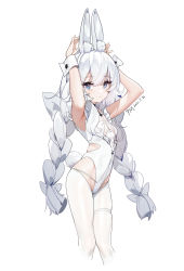 Rule 34 | + +, 1girl, animal ears, arms up, azur lane, bare arms, blue eyes, braid, breasts, closed mouth, commentary, cropped legs, dated, fake animal ears, guangsupaomian, hair between eyes, hairband, highleg, highleg leotard, highres, le malin (azur lane), le malin (listless lapin) (azur lane), leotard, light blush, long hair, looking at viewer, official alternate costume, pantyhose, playboy bunny, rabbit ears, rabbit pose, silver hair, simple background, small breasts, smile, solo, symbol-only commentary, twin braids, white background, white hairband, white leotard, white pantyhose, wrist cuffs