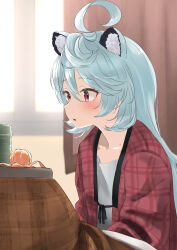 .live 1girl absurdres ahoge alternate_costume animal_ear_fluff animal_ears blue_hair blush character_request commentary_request cup curtains food fruit hair_between_eyes hair_ornament highres kotatsu long_hair mole mole_on_neck mug open_mouth orange_(fruit) portrait red_eyes solo table tama_(tamago) virtual_youtuber window