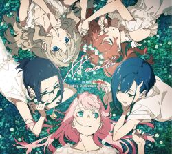Rule 34 | 5girls, album cover, aqua eyes, black hair, blue eyes, blue hair, blush, brown hair, circle formation, closed eyes, cover, darling in the franxx, dress, english text, eyeshadow, field, finger to mouth, flower, flower field, glasses, grass, green eyes, green theme, hair flower, hair ornament, hair spread out, hairclip, half-closed eyes, hand in own hair, highres, holding another&#039;s hair, holding hands, horns, ichigo (darling in the franxx), ikuno (darling in the franxx), kokoro (darling in the franxx), light brown hair, long hair, looking at another, lying, makeup, miku (darling in the franxx), multiple girls, official art, on back, on grass, on ground, on stomach, open mouth, parted lips, pink hair, red eyeshadow, see-through dress layer, short hair, shushing, sleeping, smile, twintails, yoneyama mai, zero two (darling in the franxx)