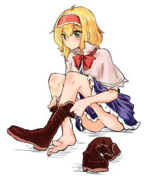 Rule 34 | 1girl, alice margatroid, bare legs, barefoot, blonde hair, blush, unworn boot, boots, unworn boots, feet, full body, green eyes, hairband, kaya rio, putting on shoes, shoes, simple background, single boot, single shoe, sitting, solo, touhou, upskirt, white background