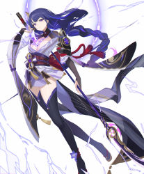 Rule 34 | 1girl, absurdres, ankle flower, ankle ribbon, armor, between breasts, black thighhighs, braid, breasts, bridal gauntlets, cleavage, electricity, eruthika, full body, genshin impact, hand up, highres, holding, holding polearm, holding sword, holding weapon, japanese clothes, kimono, large breasts, leg ribbon, legs, long hair, looking at viewer, low-braided long hair, low-tied long hair, mole, mole under eye, nail polish, neck ribbon, obi, parted lips, polearm, purple eyes, purple hair, purple kimono, purple nails, raiden shogun, red ribbon, ribbon, sandals, sash, shoulder armor, simple background, solo, spear, sword, thighhighs, vision (genshin impact), weapon, white background, zouri