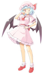 Rule 34 | 1girl, arnest, ascot, bat wings, blue hair, blush, collared shirt, frilled shirt collar, frills, full body, hat, highres, looking at viewer, low wings, mob cap, one eye closed, puffy short sleeves, puffy sleeves, red ascot, red eyes, remilia scarlet, shirt, short hair, short sleeves, smile, solo, standing, touhou, white background, wings, wrist cuffs