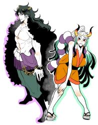 Rule 34 | 1boy, 1girl, abs, black eyes, black hair, bracelet, closed mouth, commentary request, cosplay, curled horns, full body, green hair, highres, horns, jewelry, kaidou (one piece), kaidou (one piece) (cosplay), kouzuki momonosuke, kouzuki oden, kouzuki oden (cosplay), long hair, ma 000, multicolored hair, multicolored horns, one piece, oni, open mouth, simple background, spiked bracelet, spikes, topless male, white background, white hair, yamato (one piece)