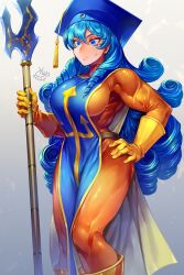 1girl blue_eyes blue_hair blue_tabard bodysuit breasts colored_eyelashes curly_hair dragon_quest dragon_quest_iii frown gloves gradient_background hair_between_eyes hand_on_own_hip highres holding holding_staff large_breasts long_hair looking_down official_alternate_design orange_bodysuit priest_(dq3) shinku_castle skin_tight solo staff sweatdrop tabard toned toned_female very_long_hair yellow_footwear yellow_gloves