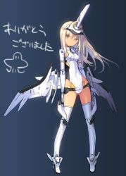Rule 34 | 10s, 1girl, arnval, blonde hair, blue background, blue eyes, blush, boots, breasts, busou shinki, covered navel, doll joints, full body, gradient background, headgear, joints, leotard, long hair, mecha musume, mechanical wings, shimada fumikane, sideboob, small breasts, smile, solo, tan, thigh boots, thighhighs, translation request, white thighhighs, wings