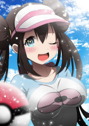 Rule 34 | 1girl, ai wa muteki, aqua eyes, blurry, blurry foreground, blush, breasts, brown hair, cloud, creatures (company), double bun, game freak, hair bun, hat, impossible clothes, impossible shirt, large breasts, long hair, looking at viewer, nintendo, one eye closed, open mouth, outdoors, poke ball, poke ball (basic), pokemon, pokemon bw2, rosa (pokemon), shirt, sky, smile, solo, upper body, wink