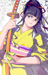 Rule 34 | 1boy, absurdres, artist name, black hair, blunt bangs, closed mouth, commentary, hair ornament, hair ribbon, high ponytail, highres, holding, holding sword, holding weapon, japanese clothes, katana, kikunojo (one piece), kimono, long hair, male focus, mygiorni, one piece, ponytail, ribbon, sash, solo, sword, trap, weapon, yellow kimono