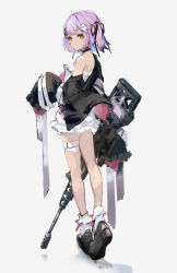Rule 34 | 1girl, bandaged leg, bandages, bare legs, bare shoulders, black footwear, black jacket, black ribbon, blue hair, dress, from behind, full body, ghost hair ornament, gun, hair ribbon, highres, holding, holding gun, holding weapon, jacket, long sleeves, looking back, off shoulder, open clothes, open jacket, purple hair, ribbon, rifle, shinomiya runa, shinomiya runa (1st costume), shoes, simple background, sniper rifle, so-bin, socks, solo, standing, virtual youtuber, vspo!, weapon, white dress, white socks, yellow eyes