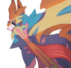 Rule 34 | animal focus, commentary, creature, creatures (company), dog, english commentary, game freak, gen 8 pokemon, legendary pokemon, mouth hold, nintendo, no humans, pokemon, pokemon (creature), salanchu, simple background, solo, sword, upper body, weapon, white background, yellow eyes, zacian, zacian (crowned)
