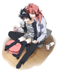Rule 34 | 2boys, age difference, alcohol, androgynous, beer, black hair, blush, cellphone, couple, feet, food, green eyes, head rest, height difference, hiei, holding hands, hug, hug from behind, kurama (yu yu hakusho), long hair, male focus, multiple boys, onii-shota, phone, pillow, pocky, ponytail, red eyes, red hair, short hair, sitting, sitting on lap, sitting on person, size difference, socks, thighhighs, toujou sakana, yaoi, yuu yuu hakusho