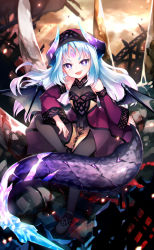 Rule 34 | 1girl, :d, bare shoulders, beret, black footwear, black pantyhose, blue hair, commentary, detached sleeves, dragon girl, dragon tail, dragon wings, dress, facial mark, fangs, flat chest, forehead mark, full body, gradient hair, hat, highres, horns, kito (sorahate), large tail, looking at viewer, multicolored hair, open mouth, original, pantyhose, pelvic curtain, purple eyes, shoes, smile, solo, tail, v-shaped eyebrows, white hair, wide sleeves, wings