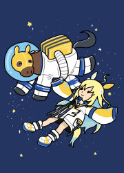 Rule 34 | 1girl, ^ ^, ahoge, animal ears, blonde hair, blue hair, closed eyes, closed jacket, clothing cutout, colored inner hair, commentary, creature and personification, deformed, helmet, highres, hood, horse, horse ears, horse girl, horse tail, jacket, long hair, long sleeves, looking at another, multicolored hair, neo universe (racehorse), neo universe (umamusume), real life, shoes, sideways glance, sleeves past fingers, sleeves past wrists, space, space helmet, spacesuit, tail, tail through clothes, takadano paka, two-tone hair, two-tone tail, umamusume, white footwear, white jacket