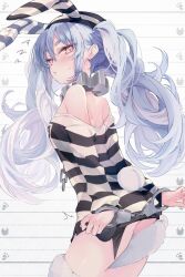 Rule 34 | 1girl, animal ears, blue hair, bound, bound wrists, braid, chain, collar, cuffs, from behind, handcuffs, highres, hololive, long hair, looking at viewer, looking back, metal collar, muzin chan, off-shoulder shirt, off shoulder, prison clothes, prisoner, rabbit ears, rabbit girl, rabbit tail, shirt, simple background, solo, striped clothes, striped headwear, sweat, tail, thick eyebrows, twin braids, twintails, usada pekora, usada pekora (prisoner), virtual youtuber