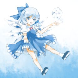 Rule 34 | :d, black footwear, blue bow, blue dress, blue eyes, blue hair, bow, cirno, dress, fairy, fairy wings, full body, gradient background, hair between eyes, hair bow, hko, ice, ice wings, looking at viewer, open mouth, puffy short sleeves, puffy sleeves, red ribbon, ribbon, shirt, shoe soles, shoes, short hair, short sleeves, simple background, smile, socks, solo, tareme, touhou, white background, white hair, white shirt, wings