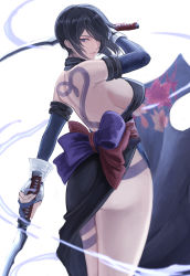 Rule 34 | 1girl, ass, backless outfit, black hair, blue eyes, breasts, dual wielding, highres, holding, large breasts, looking at viewer, samurai spirits, shiki (samurai spirits), sideboob, simple background, snk, solo, sword, weapon, white background